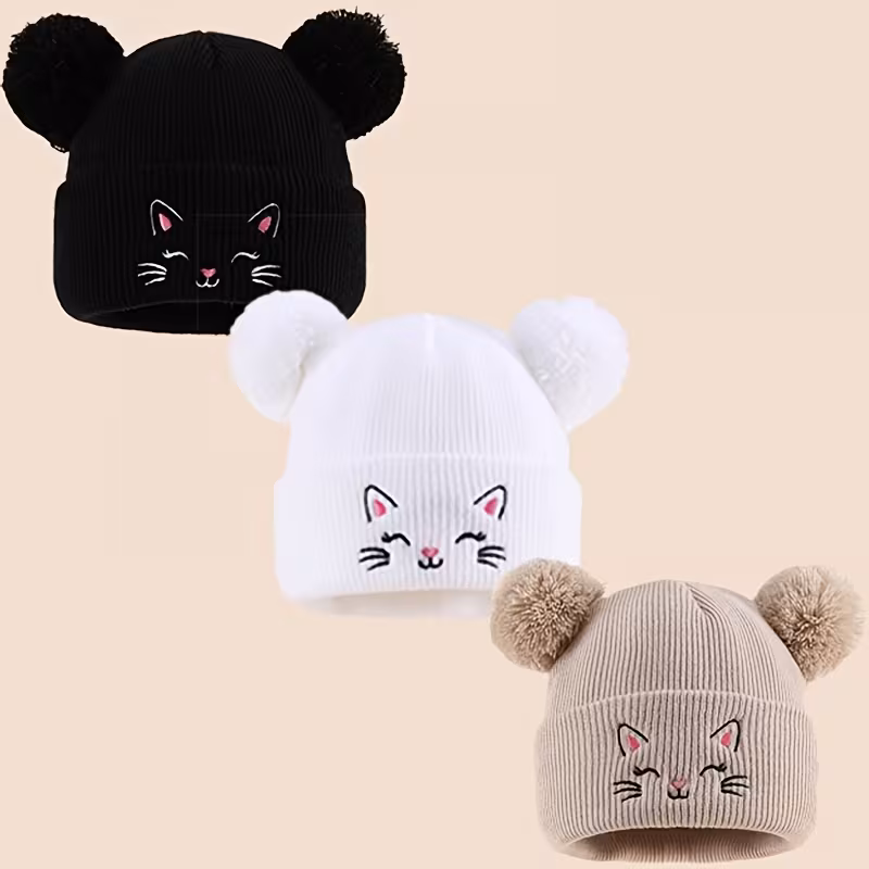 3 Gorros de Punto con Gato de Dibujos Animados Adorables y Doble Pompones